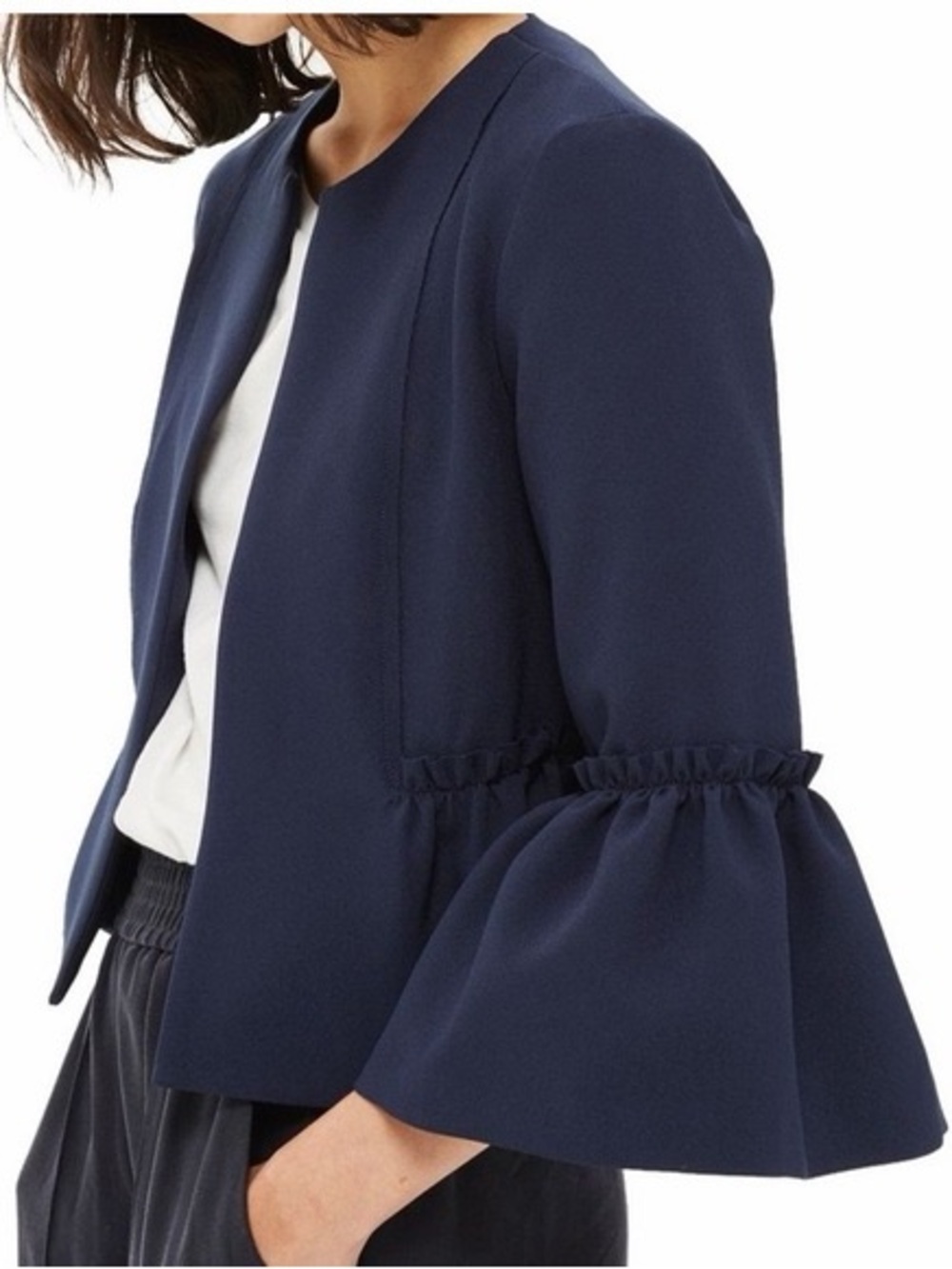Topshop Ruffled Bell Sleeve Crop Jacket Blazer Navy Blue Sz 4